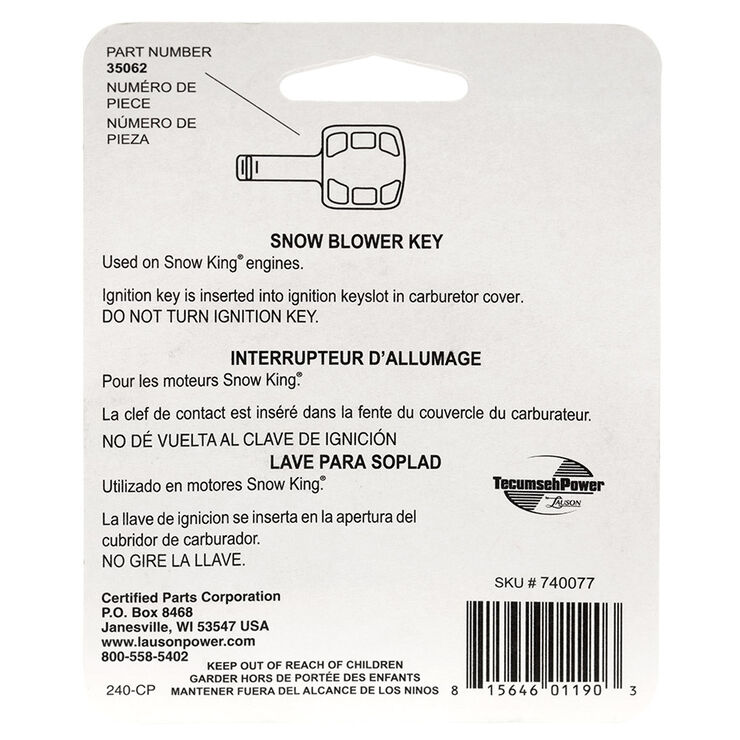 Tecumseh Snow Blower Key/ Ignition 2/pack 740077 TroyBilt Canada