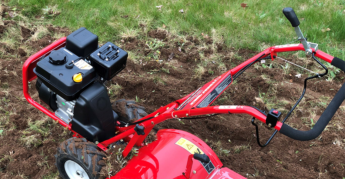 Top view of Troy-Bilt Tiller in Garden